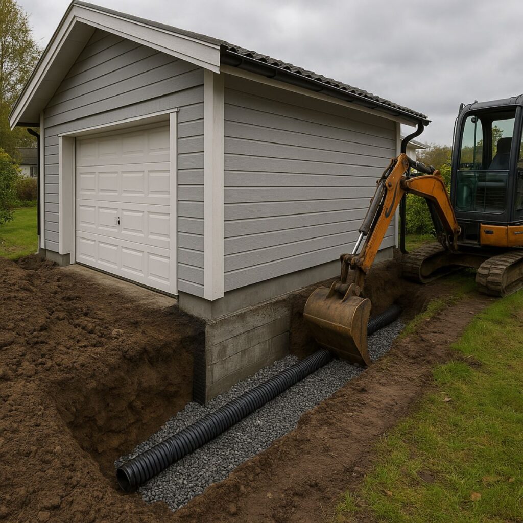 7. Översyn av dränering vid garage för att åtgärda fuktproblem från dagvatten